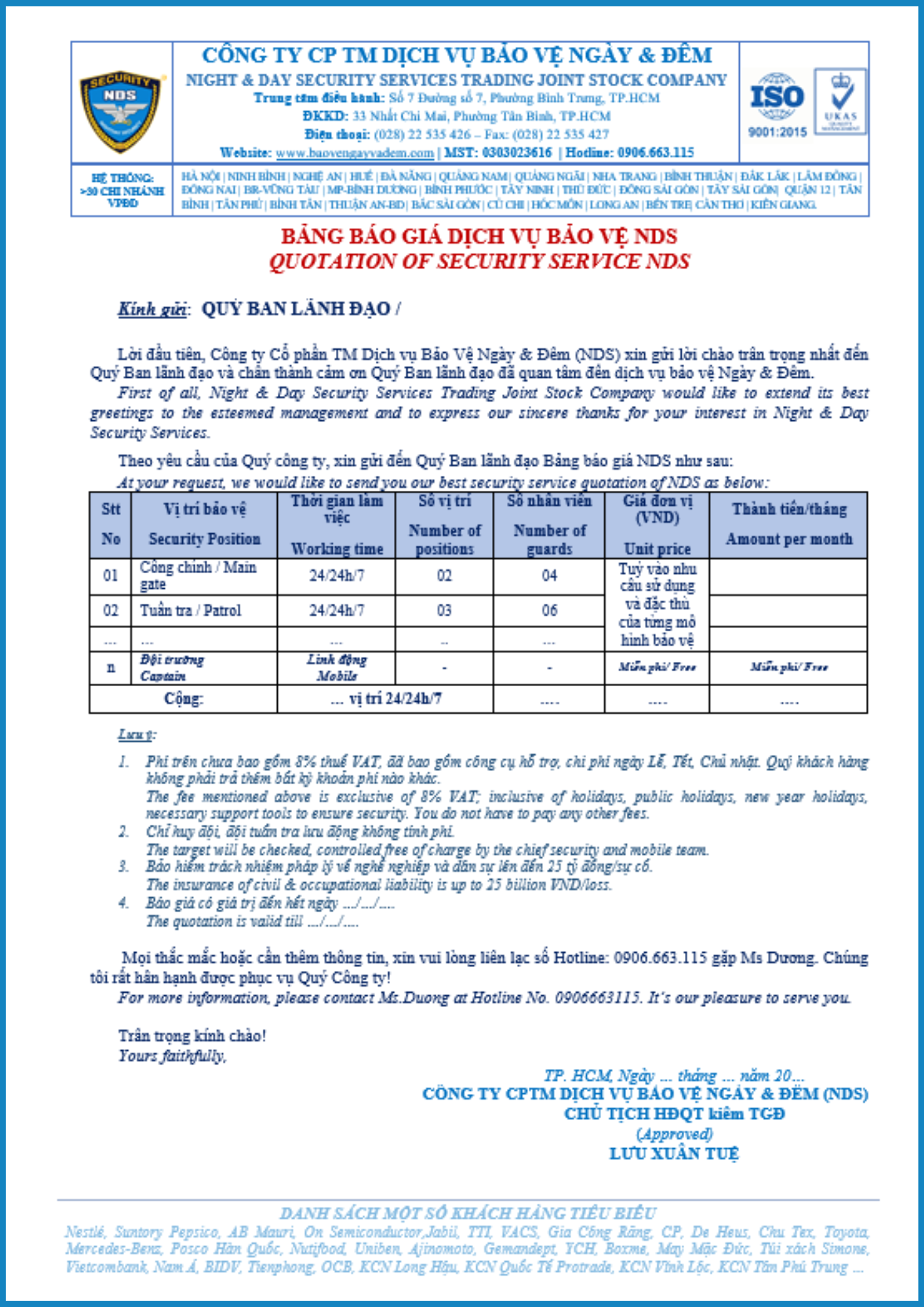 Bảng báo giá mẫu - Dịch Vụ Bảo vệ